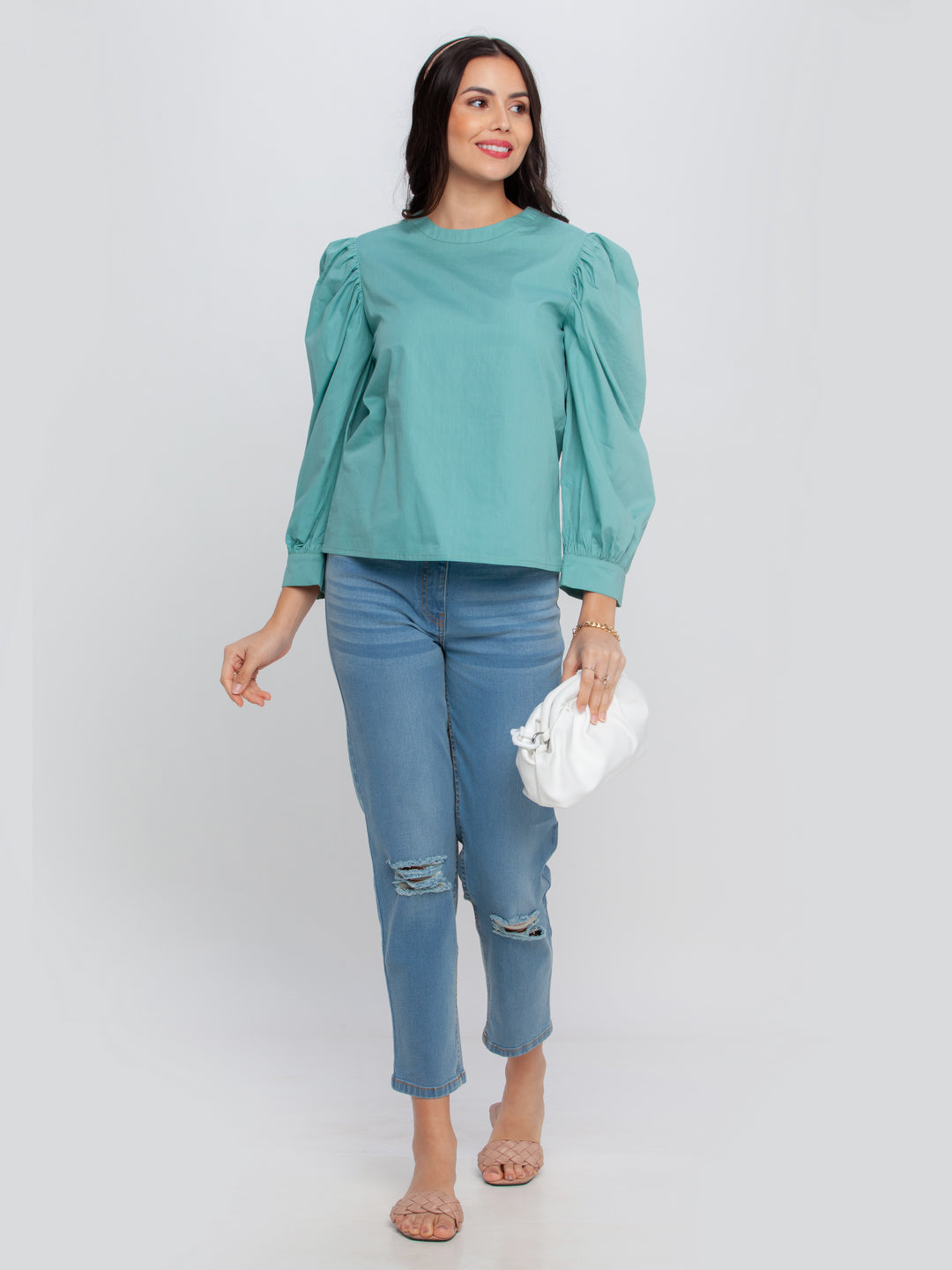 Green Solid Puff Sleeve Top