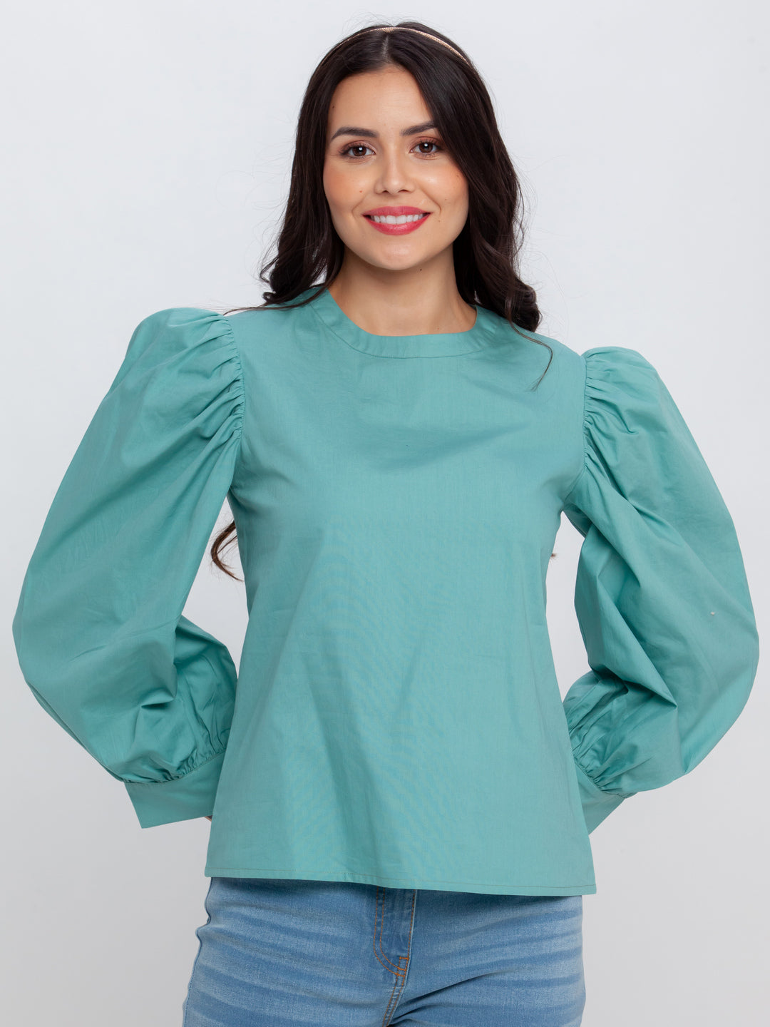 Green Solid Puff Sleeve Top