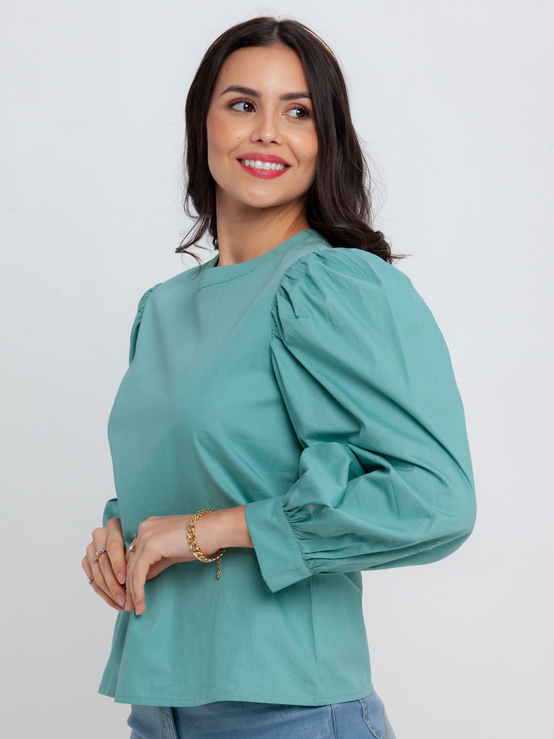 Green Solid Puff Sleeve Top