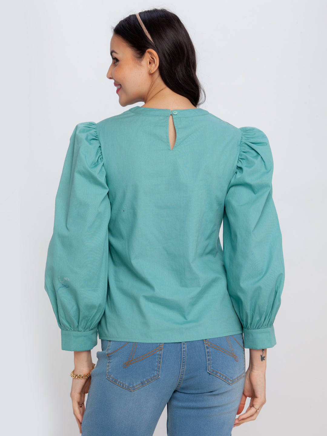 Green Solid Puff Sleeve Top