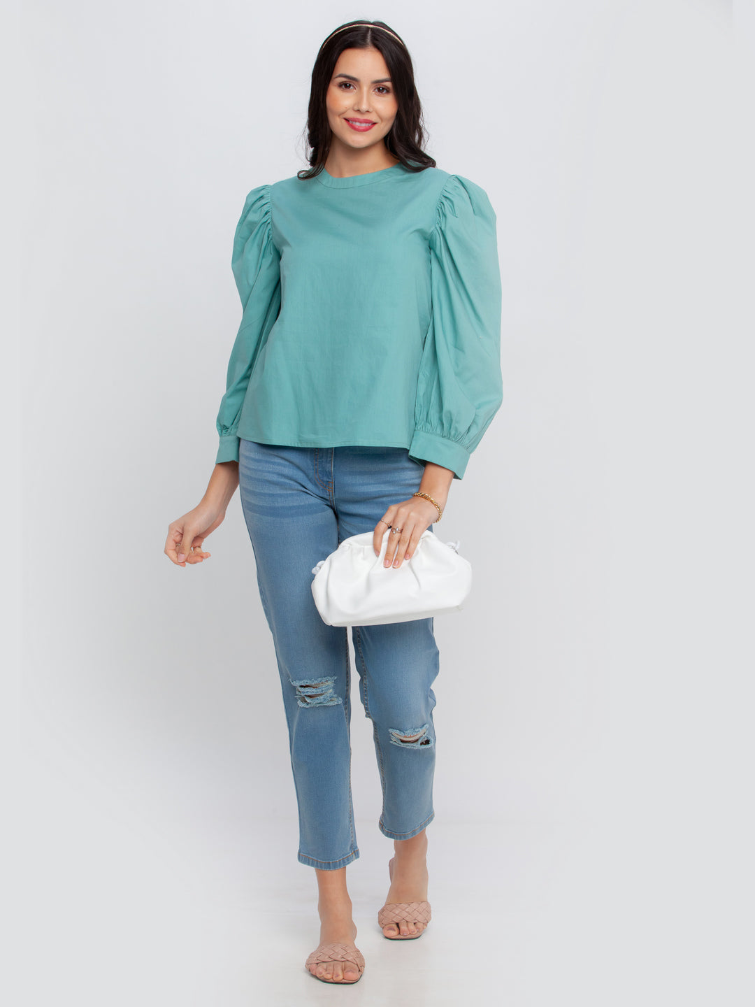 Green Solid Puff Sleeve Top