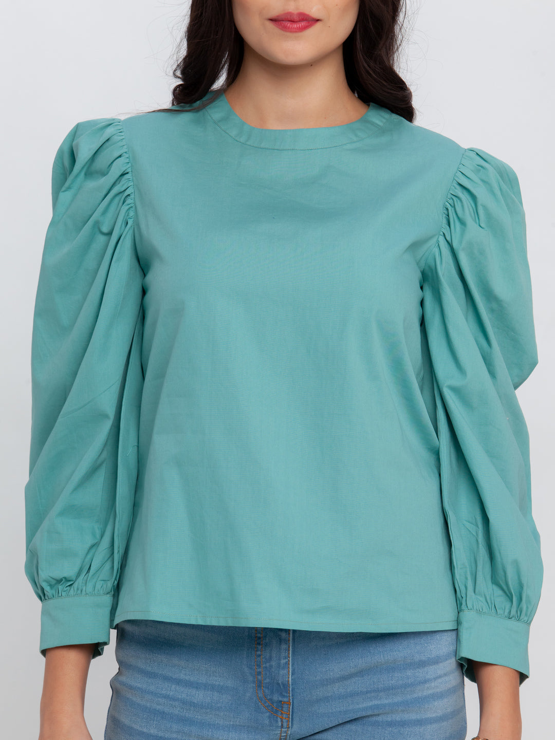 Green Solid Puff Sleeve Top