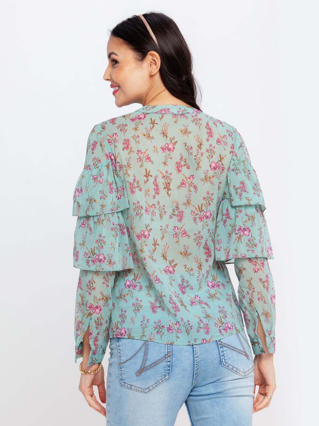Green Printed Gathered Top