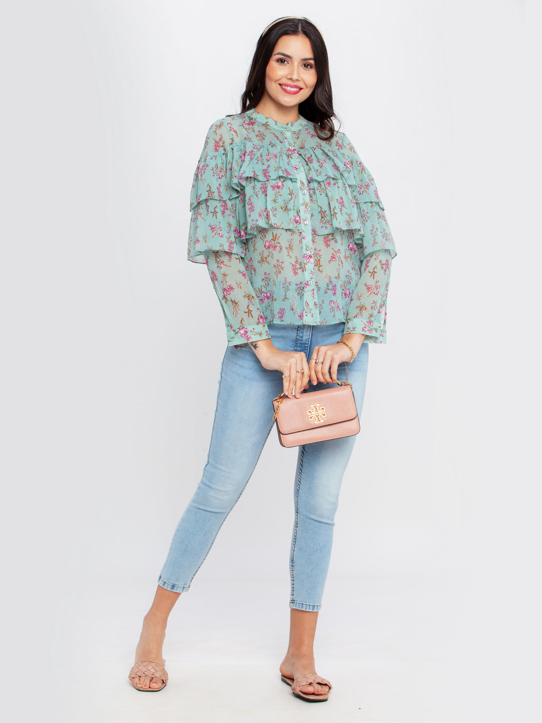 Green Printed Gathered Top