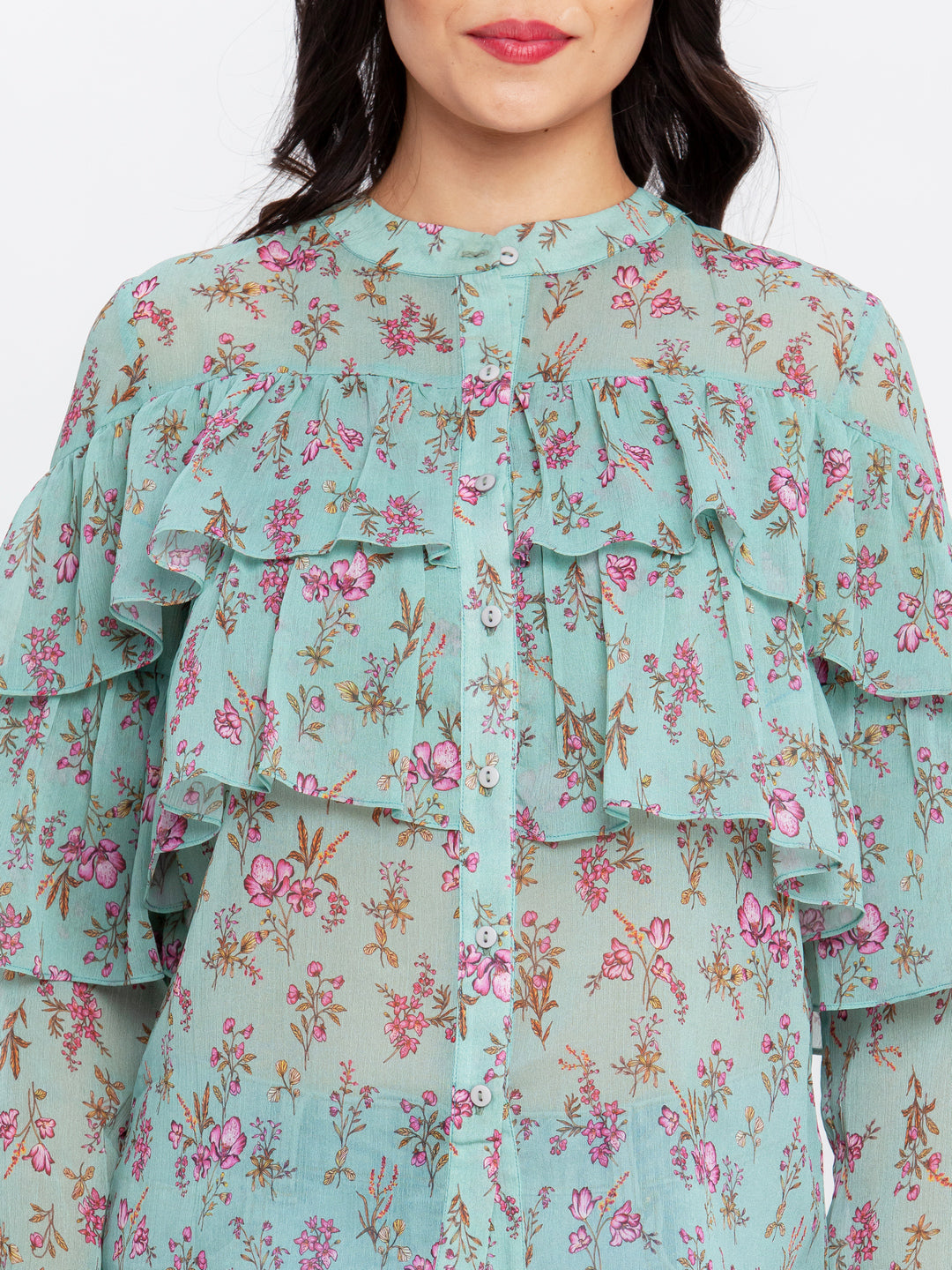 Green Printed Gathered Top