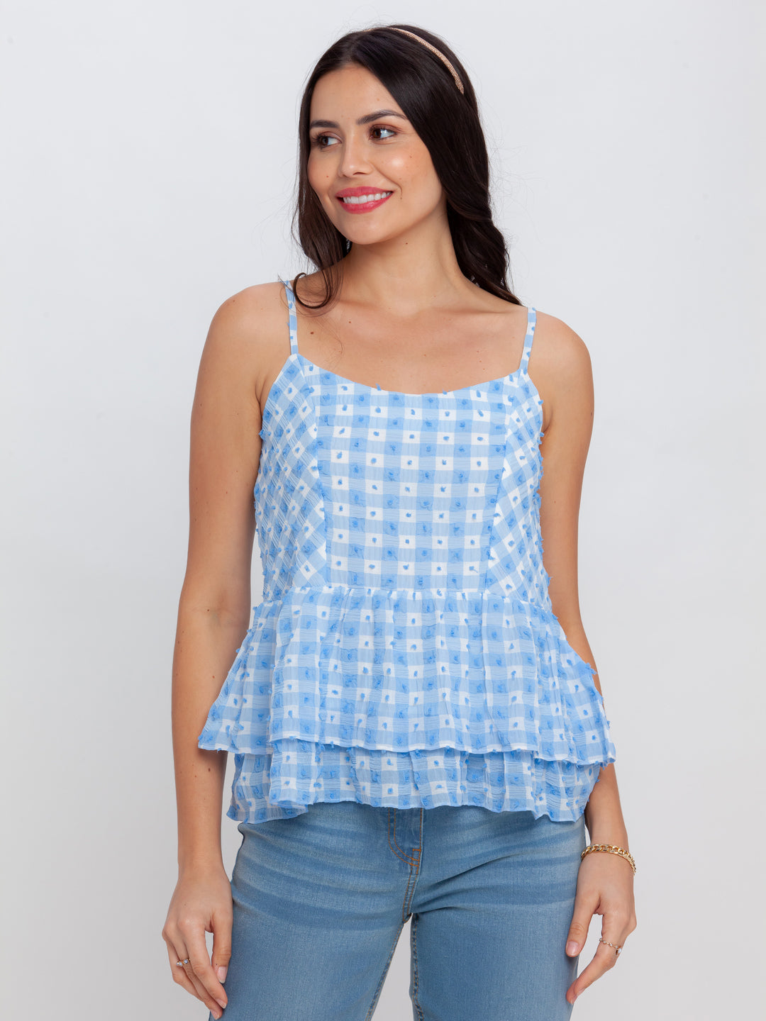 Blue Printed Strappy Top For Women