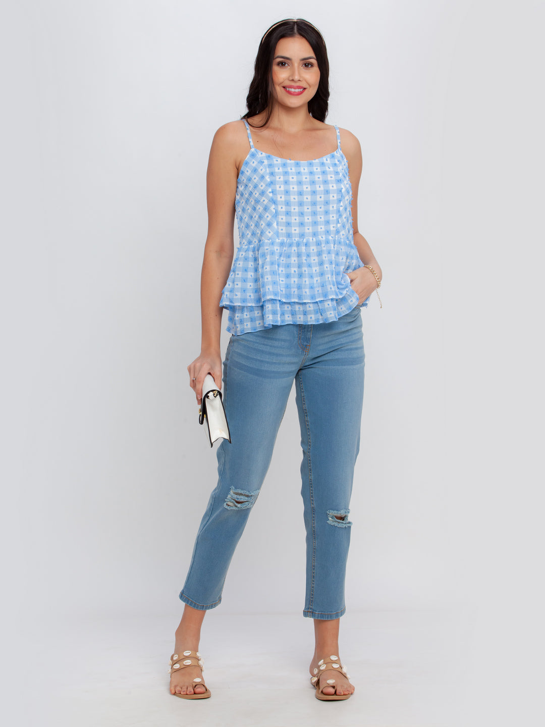 Blue Printed Strappy Top For Women