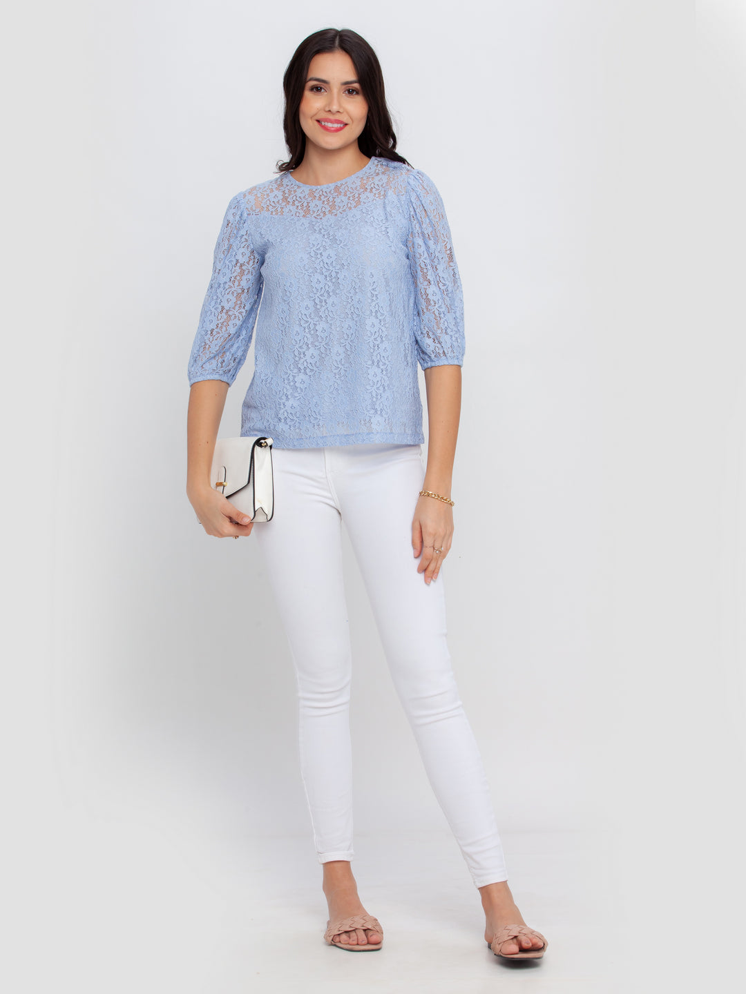 Blue Lace Puff Sleeve Top