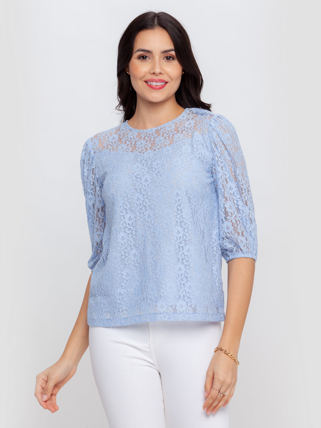 Blue Lace Puff Sleeve Top For Women