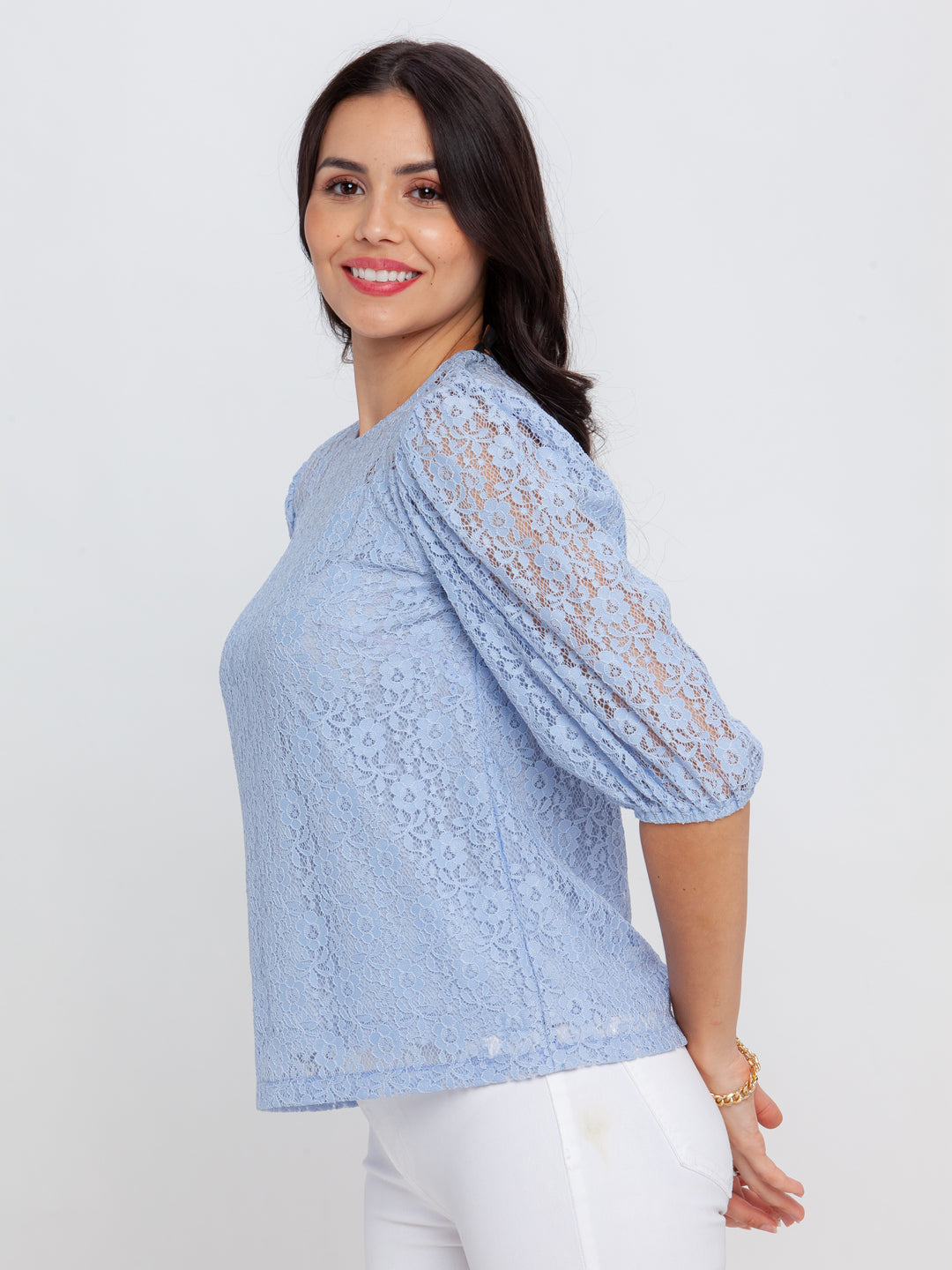 Blue Lace Puff Sleeve Top For Women