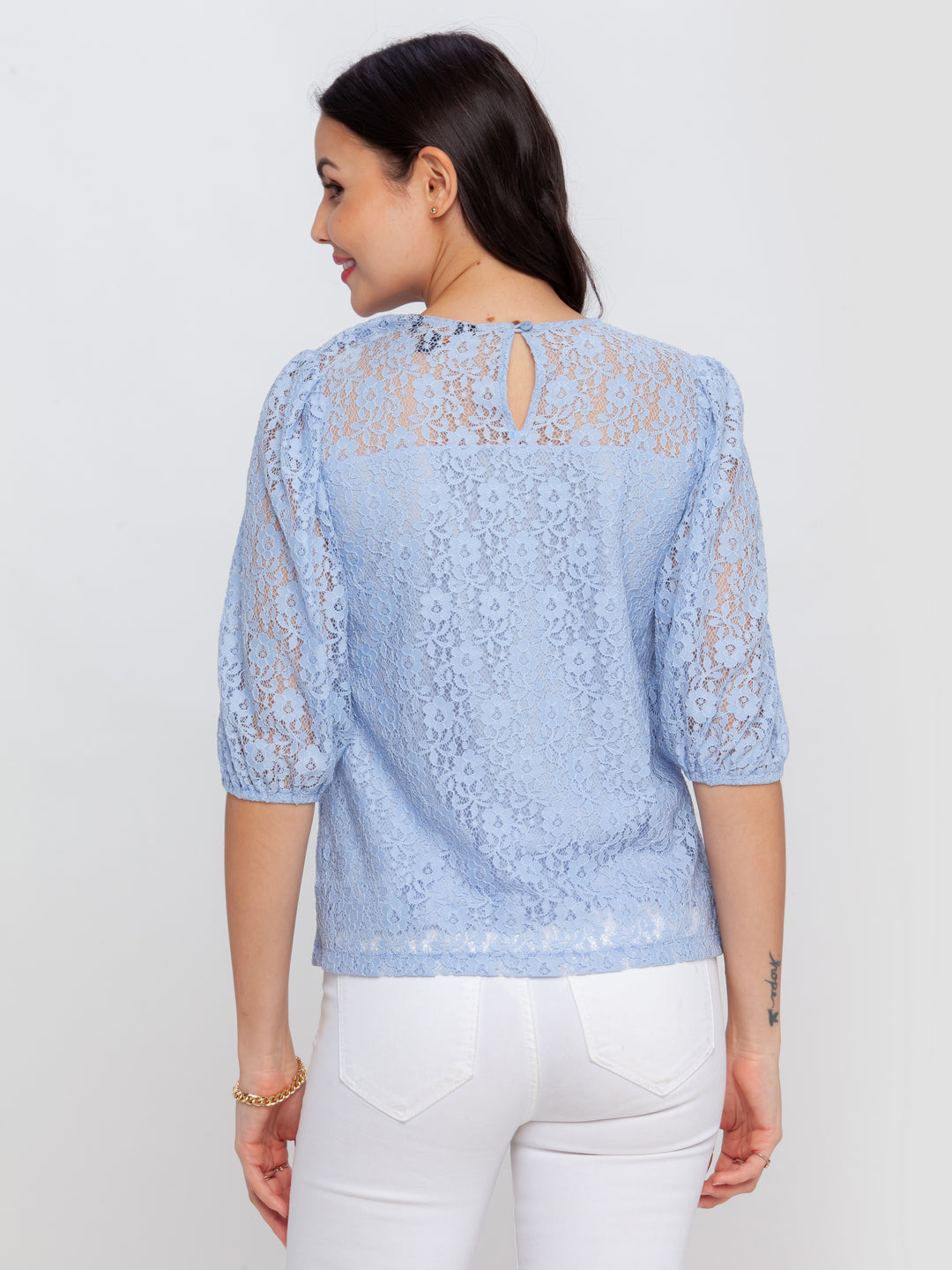 Blue Lace Puff Sleeve Top