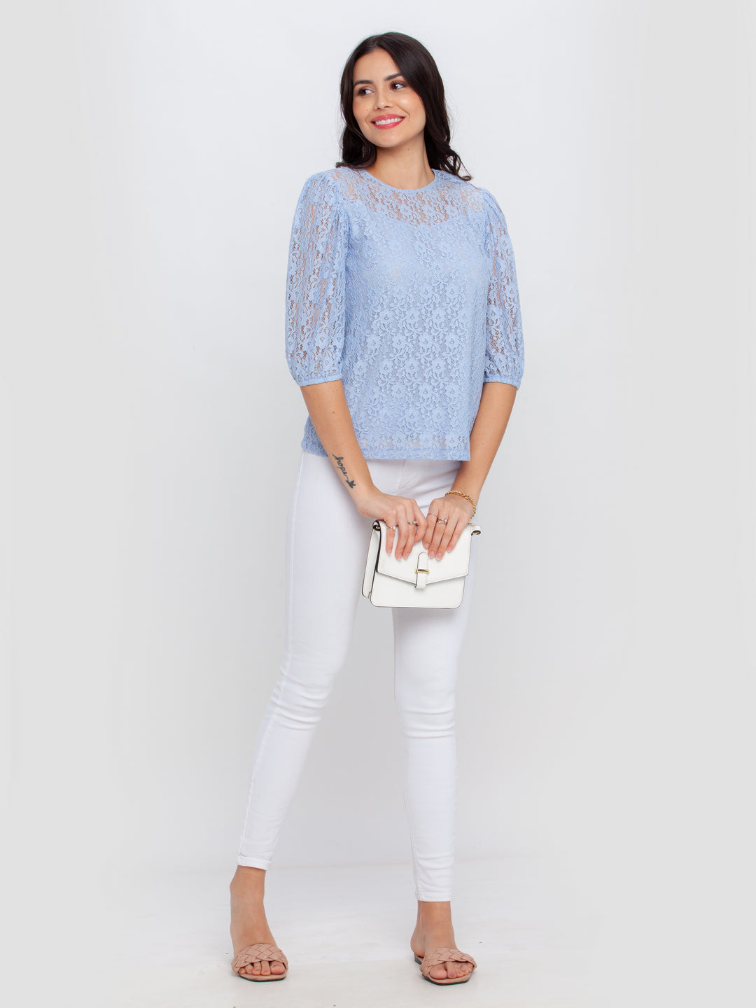 Blue Lace Puff Sleeve Top For Women