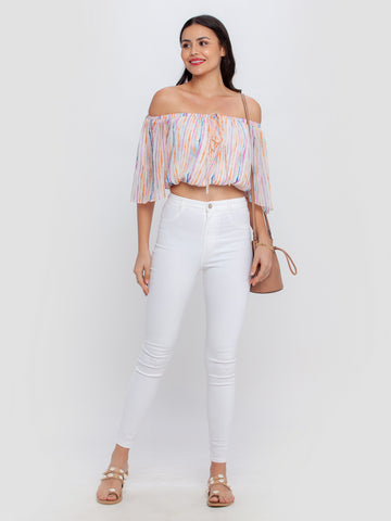 Off White Printed Offhoulder Top For Women