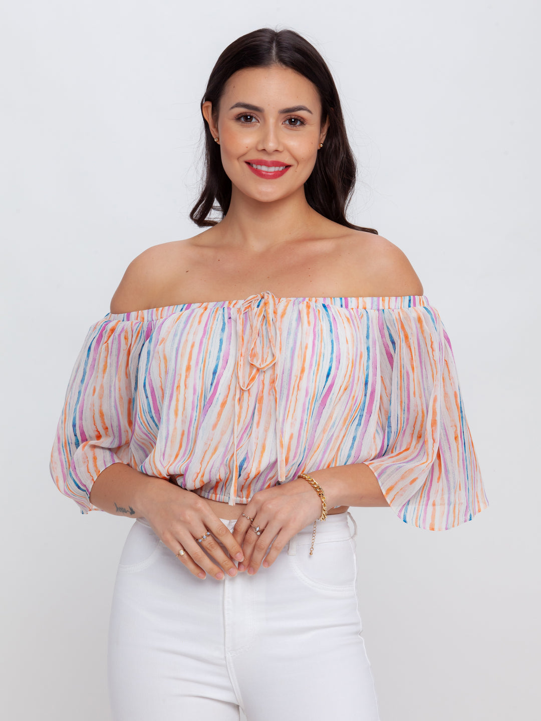 Off White Printed Off Shoulder Top