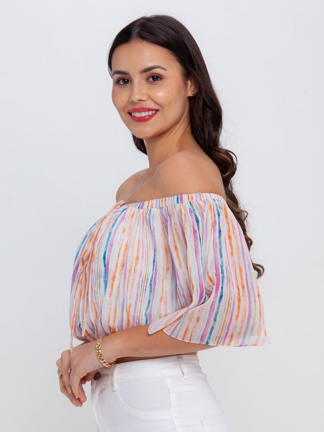 Off White Printed Off Shoulder Top