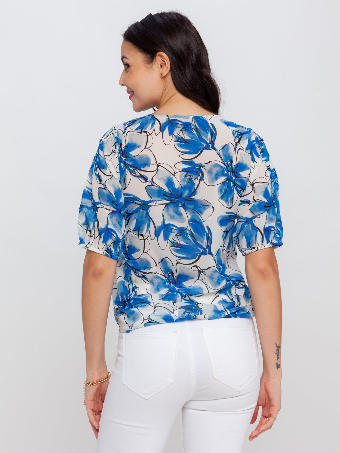 Off White Printed Tie-Up Top For Women