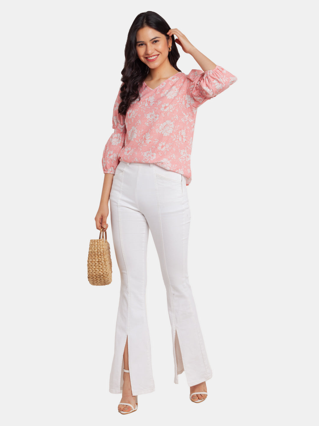 Pink Printed Puff Sleeve Top For Women