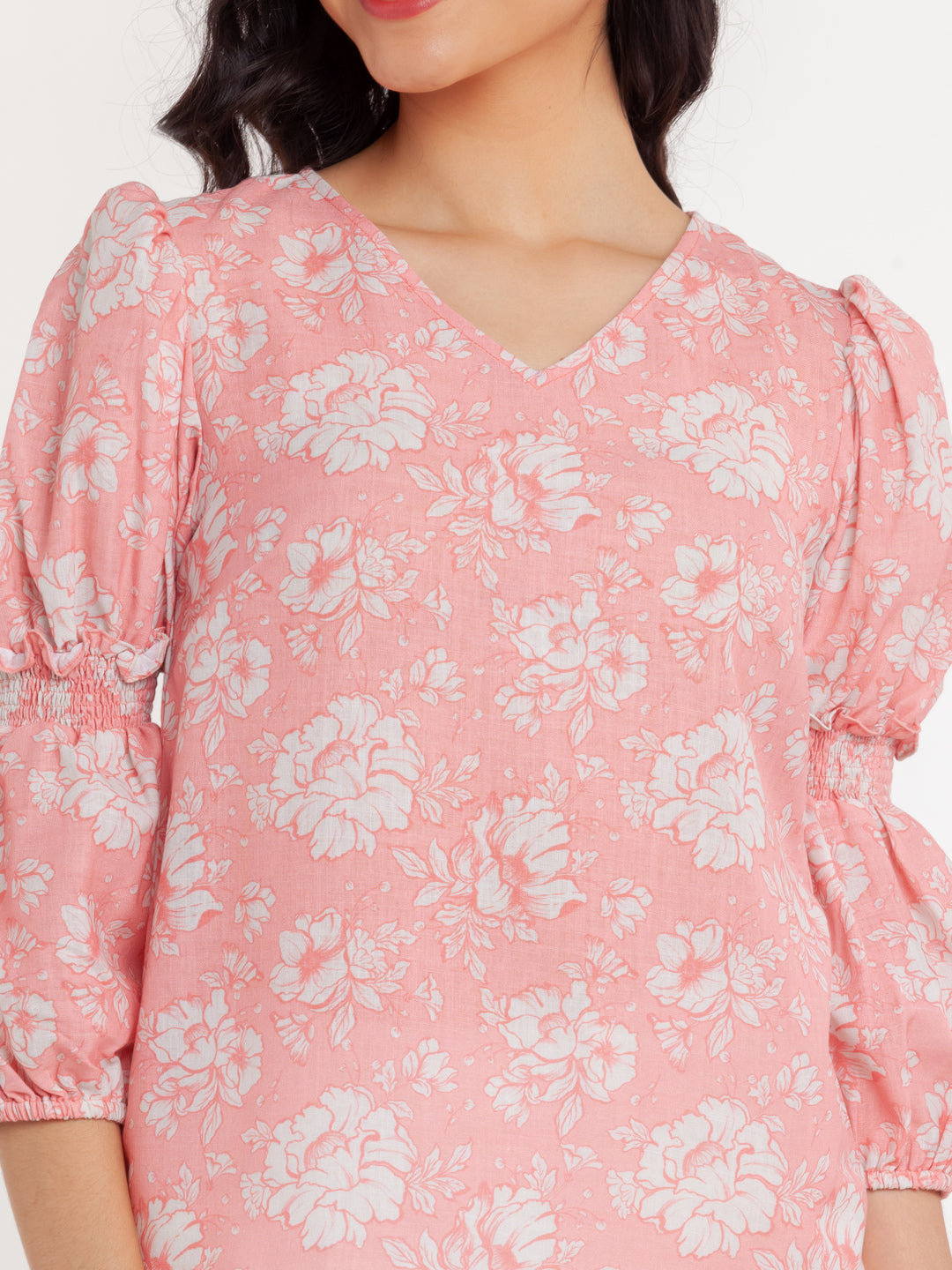 Pink Printed Puff Sleeve Top For Women