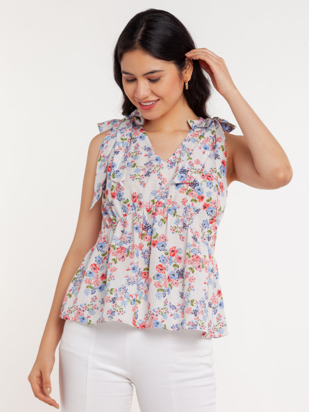 White Printed Tie-Up Top For Women