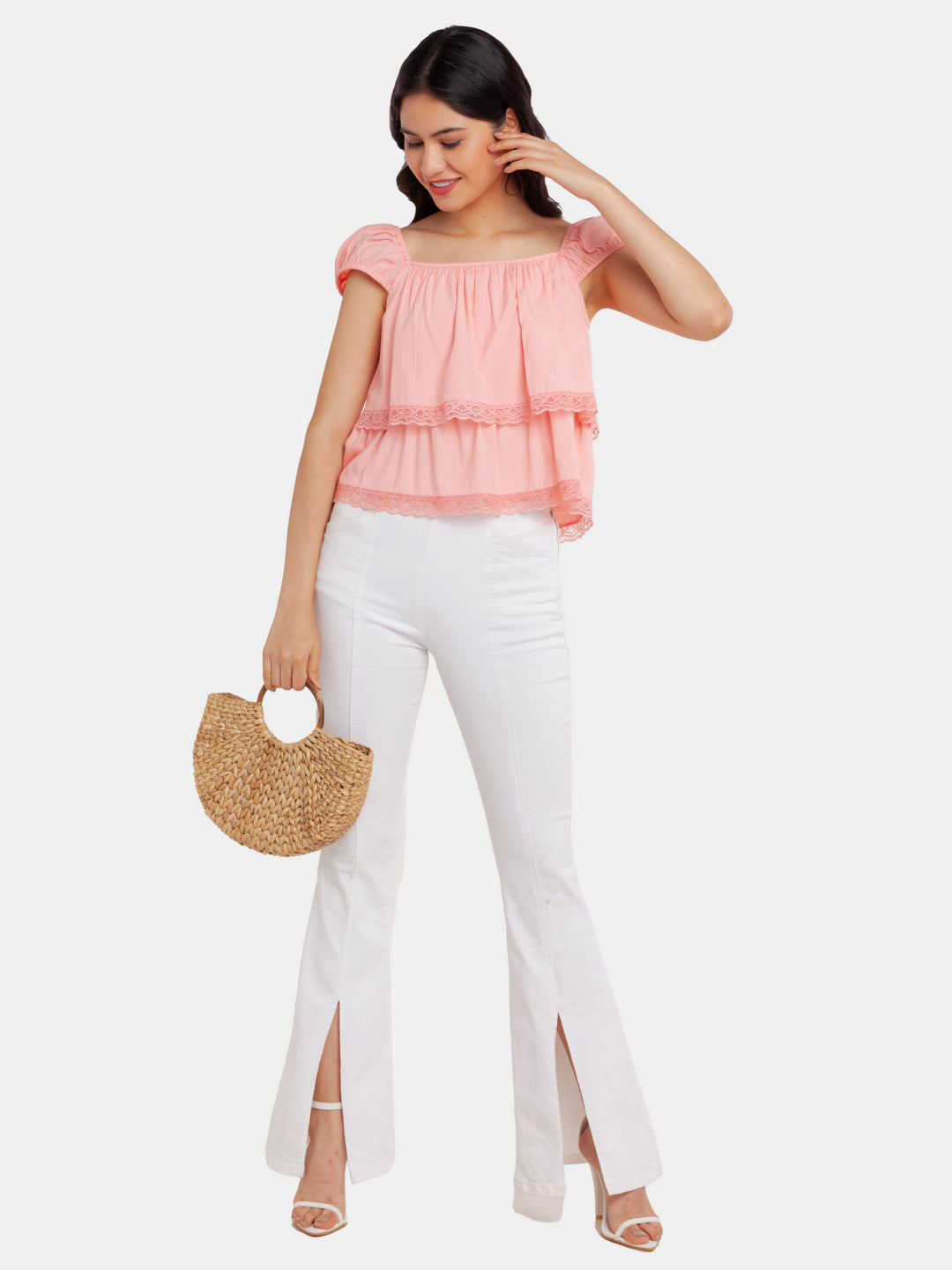 Pink Solid Tiered Top For Women