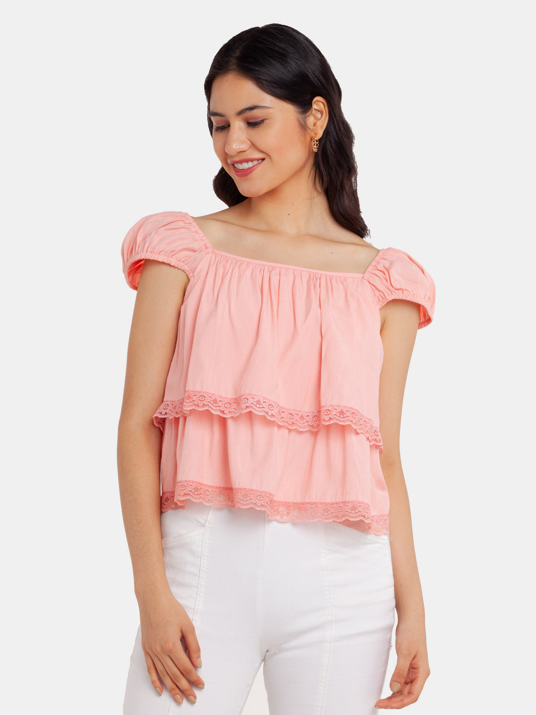 Pink Solid Tiered Top For Women