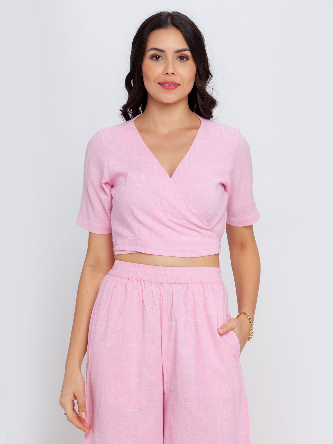 Pink Solid Tie-Up Top For Women