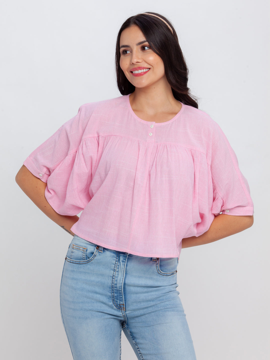 Pink Solid Flared Sleeve Top