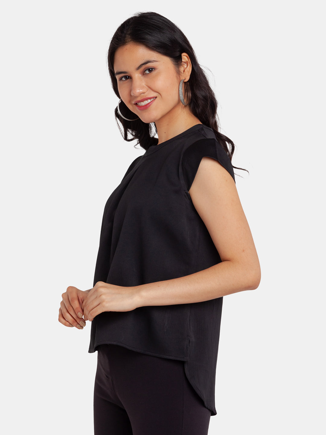 Black Solid Pleated Top For Women