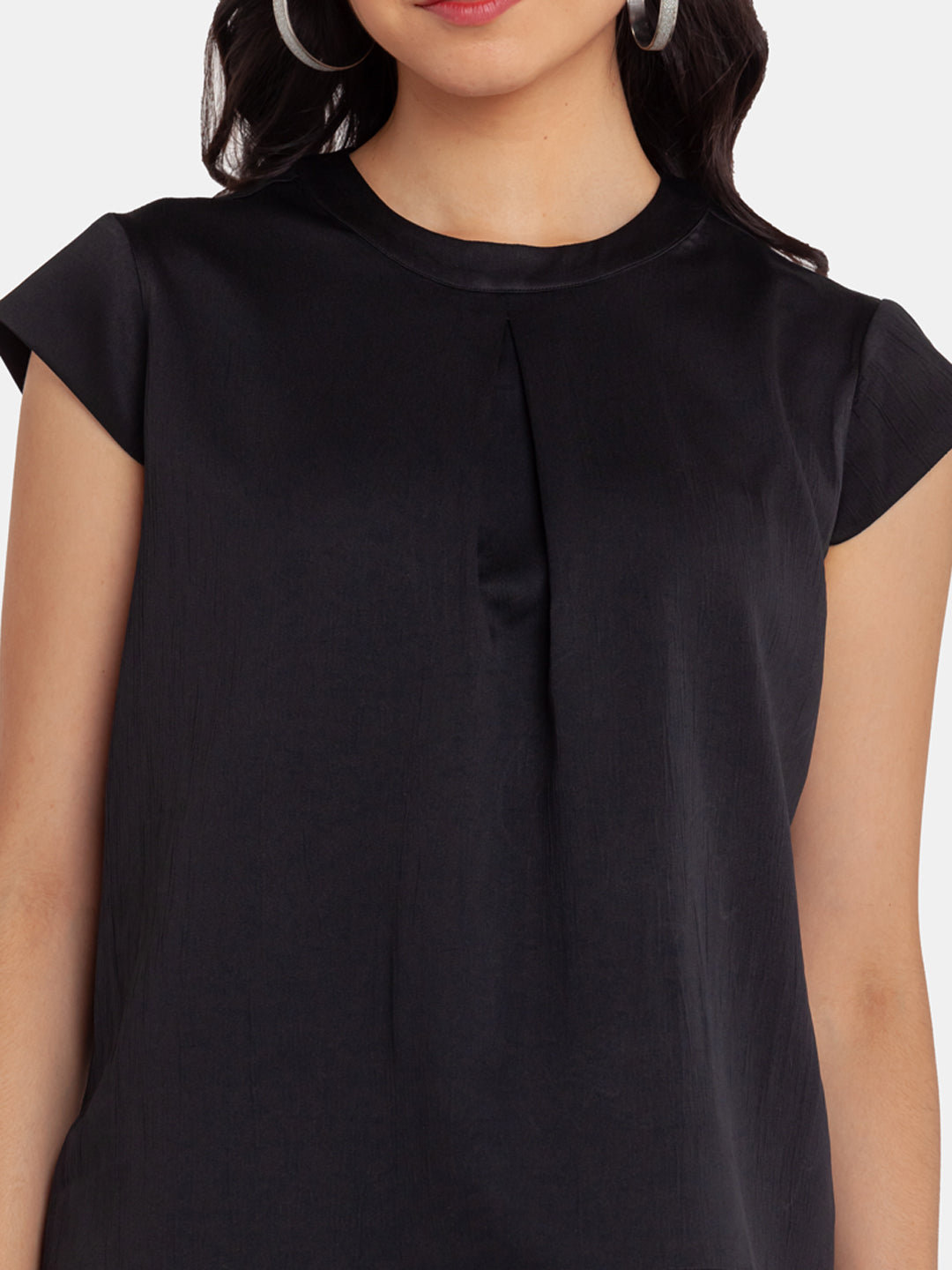 Black Solid Pleated Top For Women