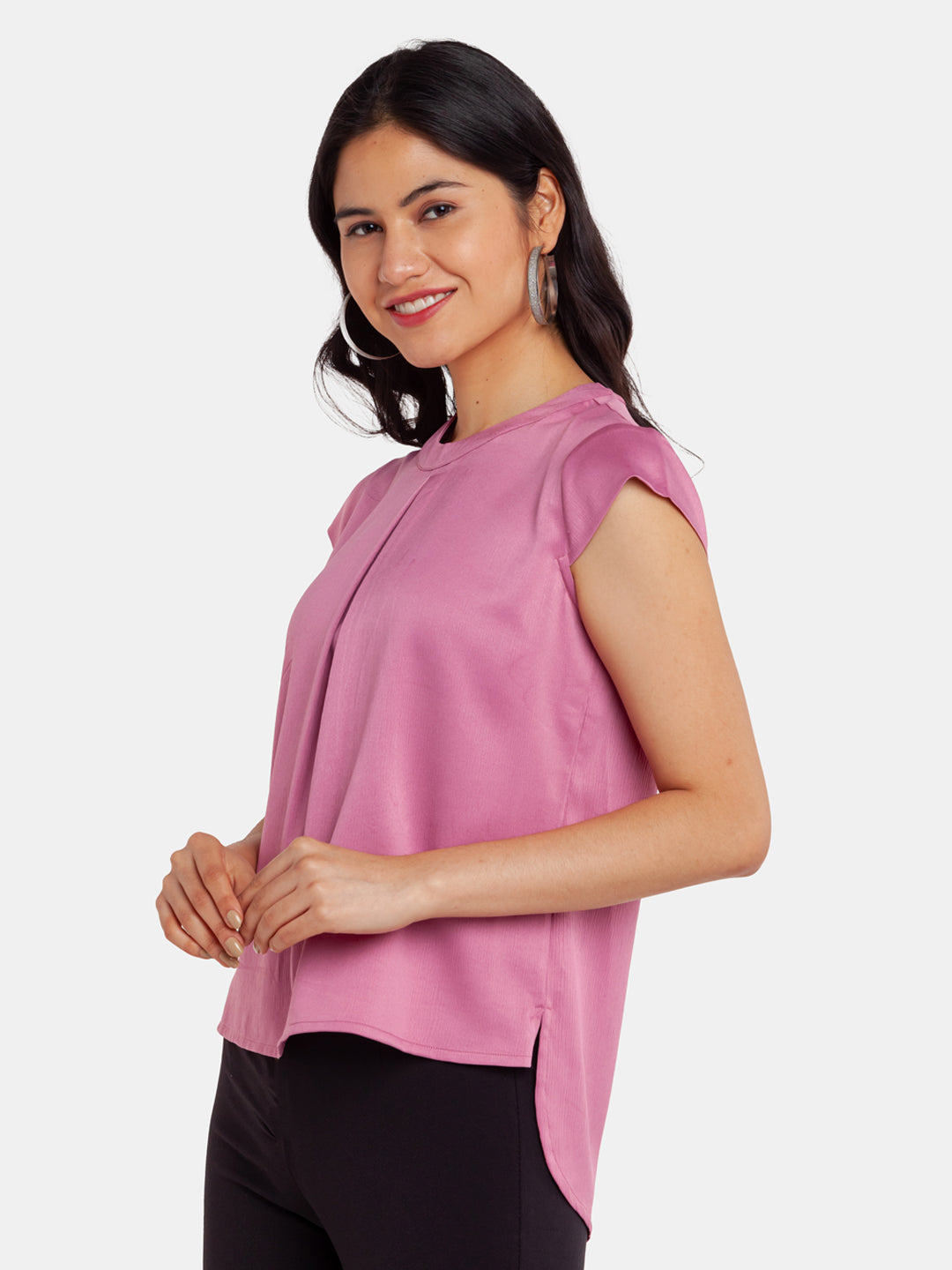 Pink Solid Pleated Top For Women