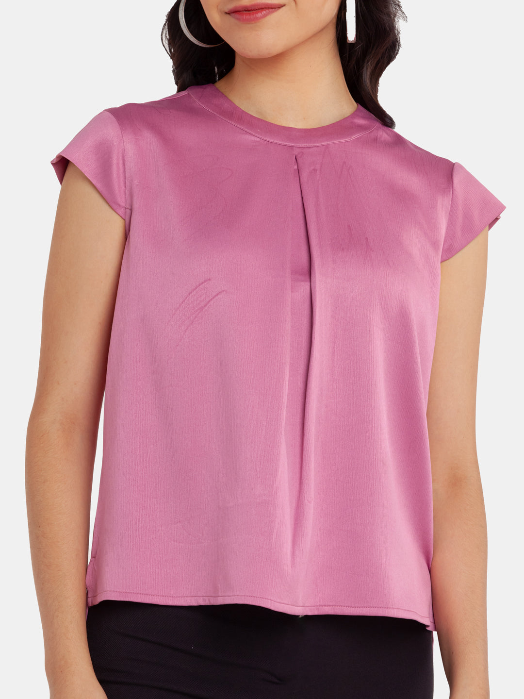 Pink Solid Pleated Top For Women
