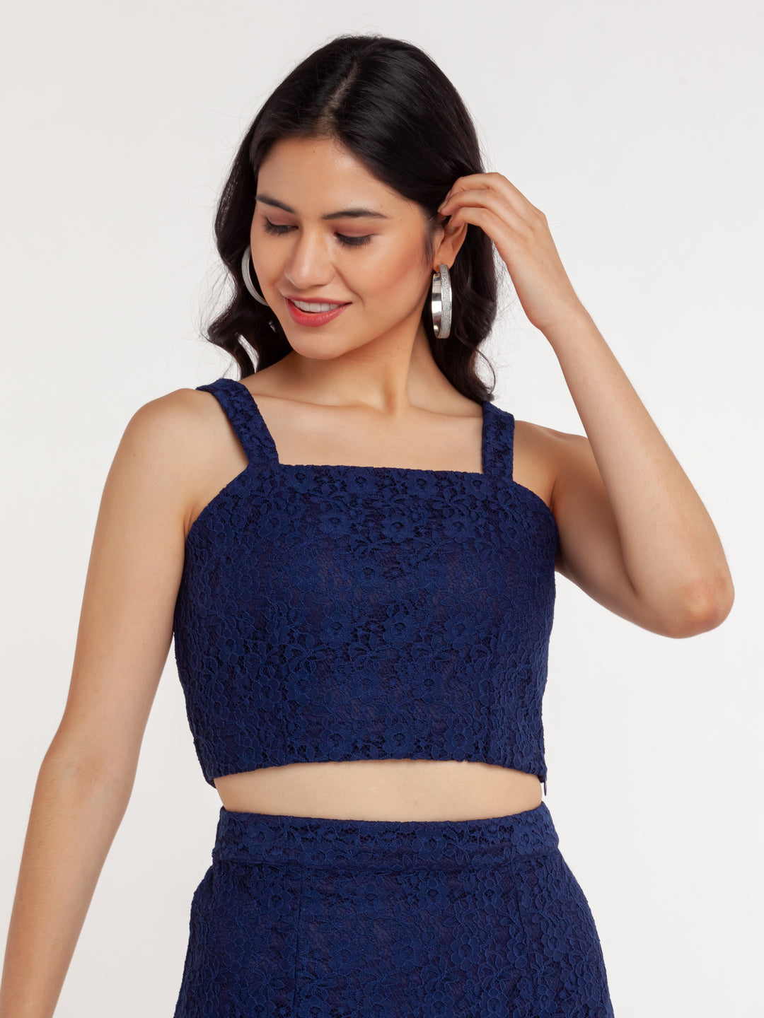 Navy Blue Lace Strappy Top For Women