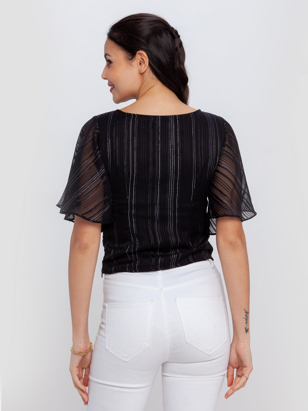 Black Striped Flared Sleeve Top