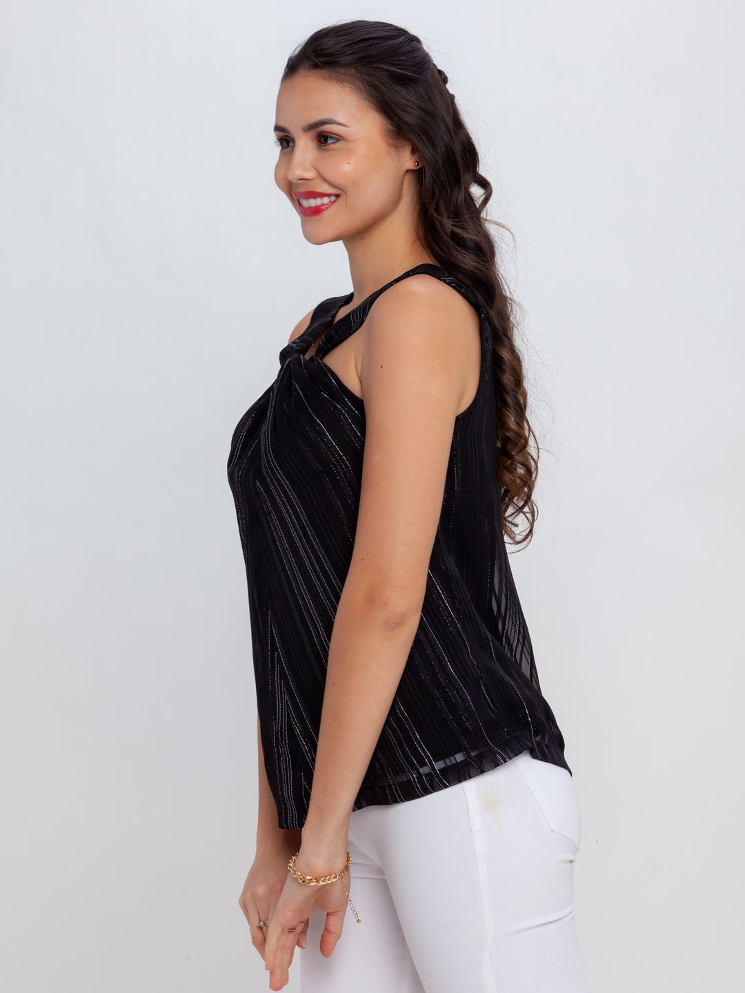 Black Striped Strappy Top For Women