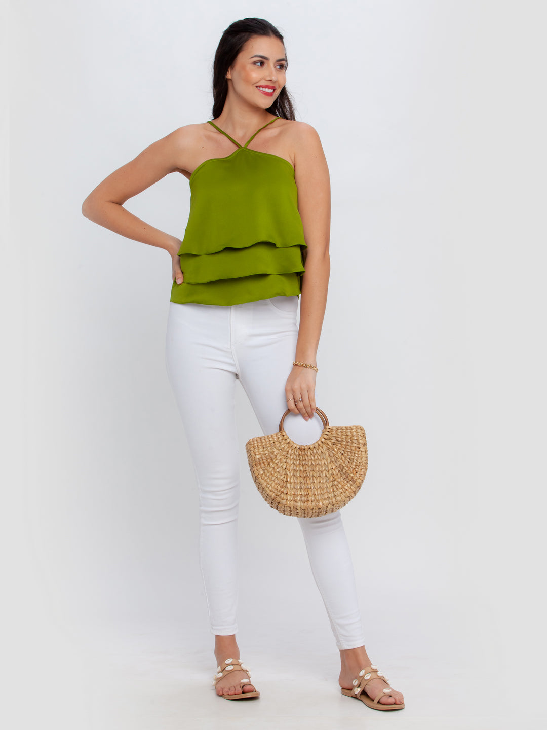 Green Solid Strappy Top For Women