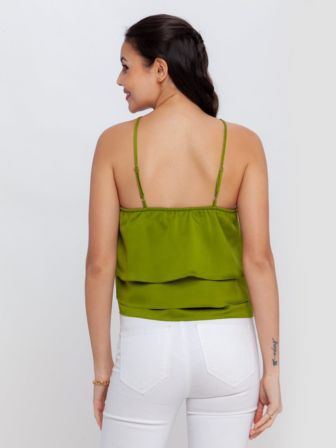 Green Solid Strappy Top For Women