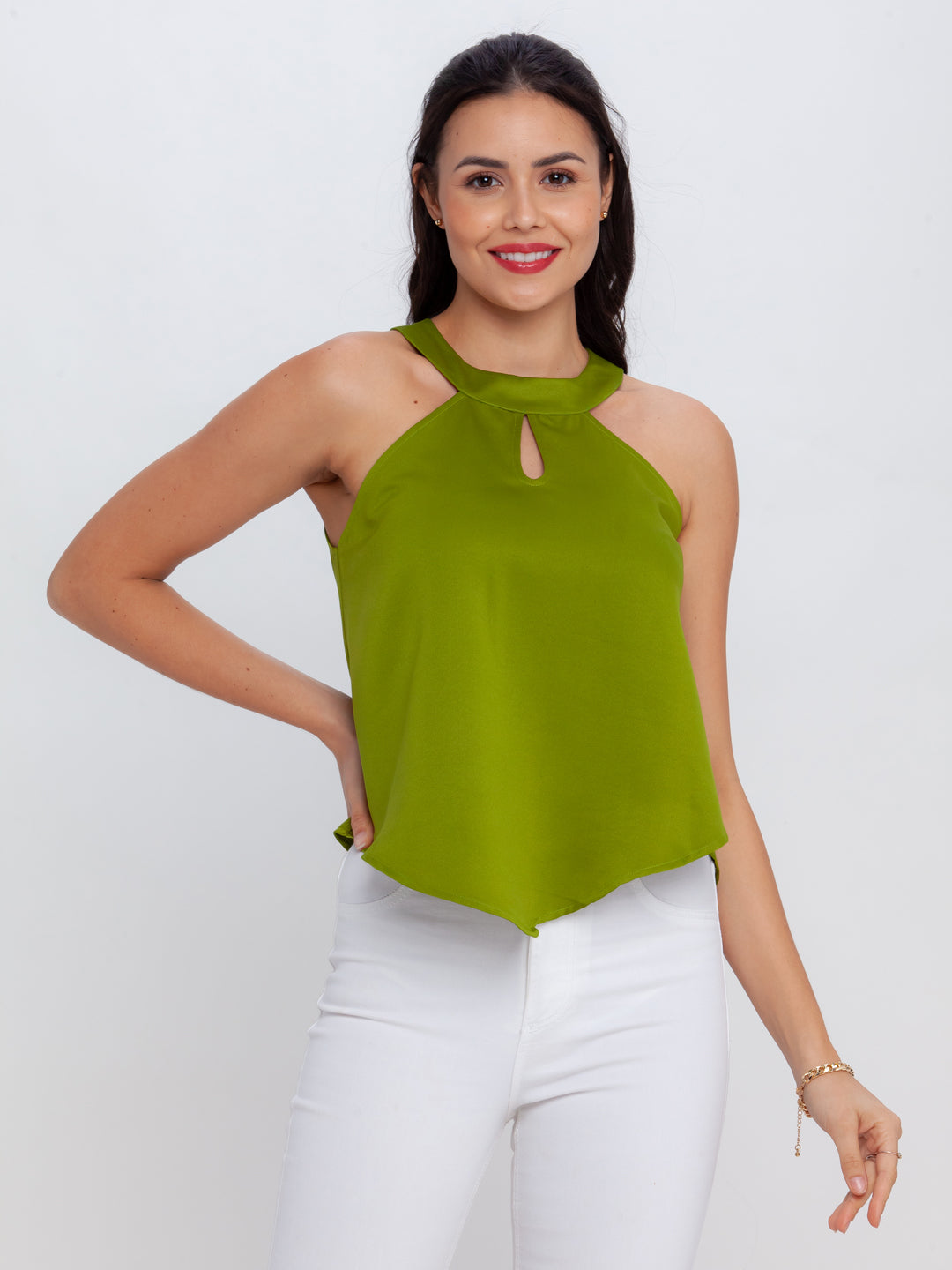 Green Solid Fitted Top For Women