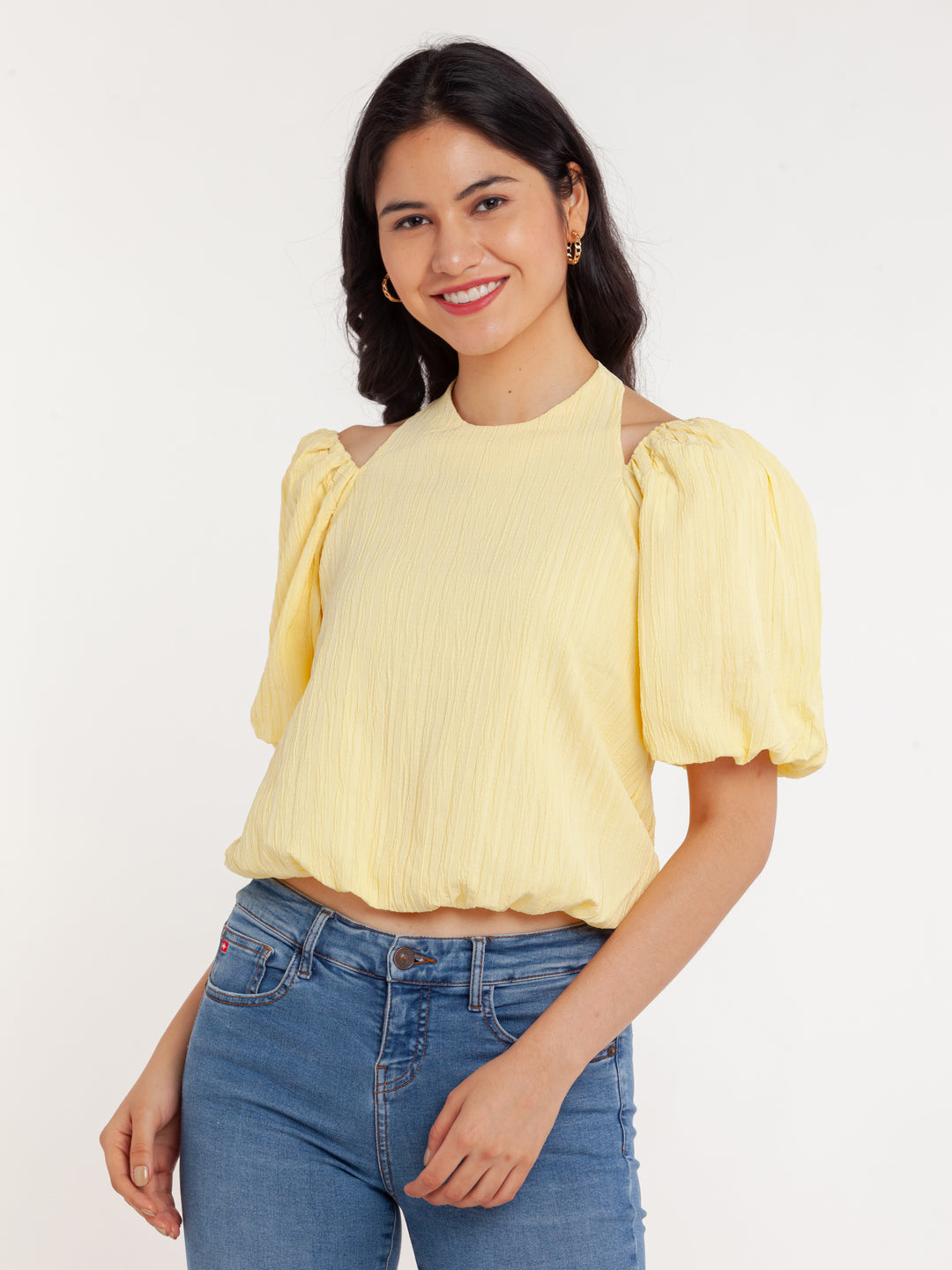 Yellow Solid Cutout Top For Women