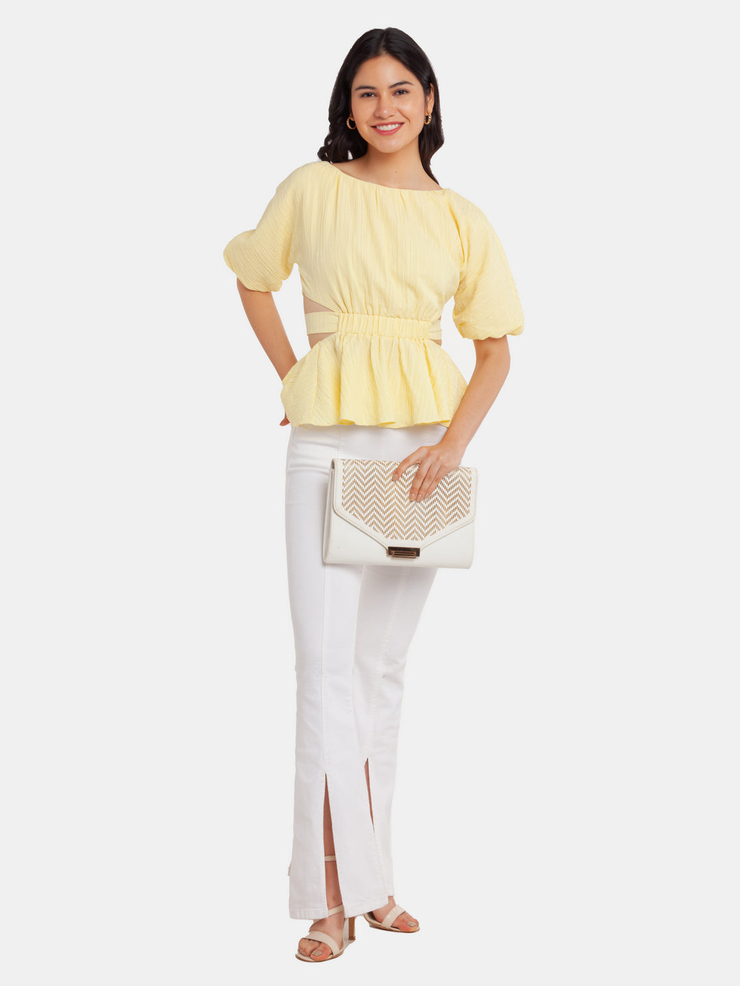 Yellow Solid Flared Sleeve Top For Women