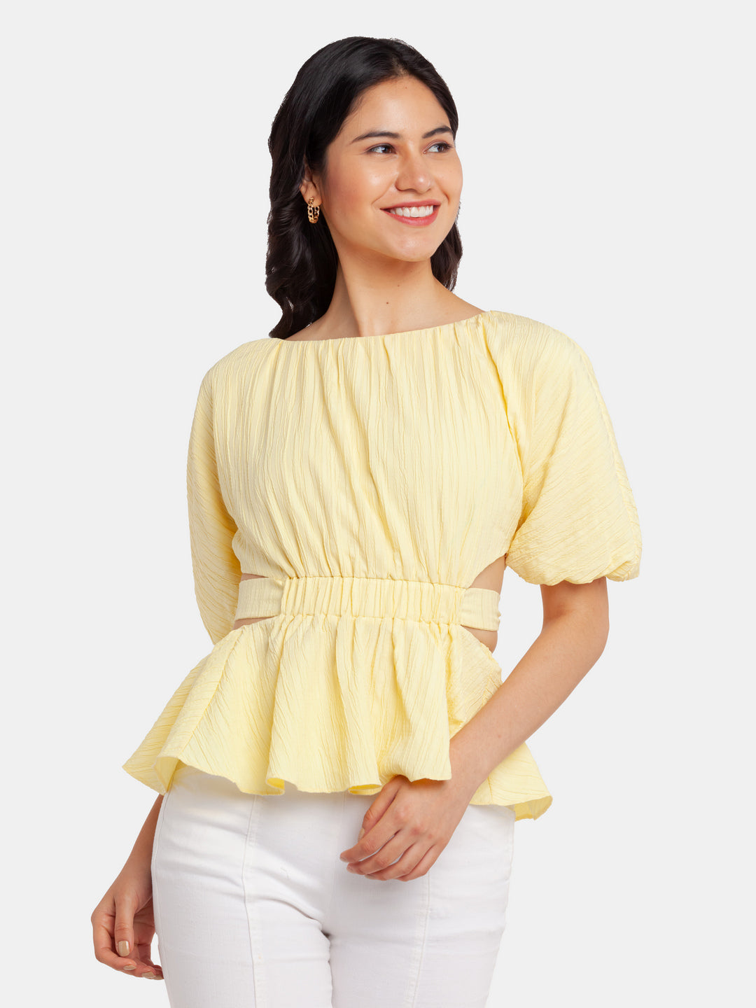 Yellow Solid Flared Sleeve Top For Women