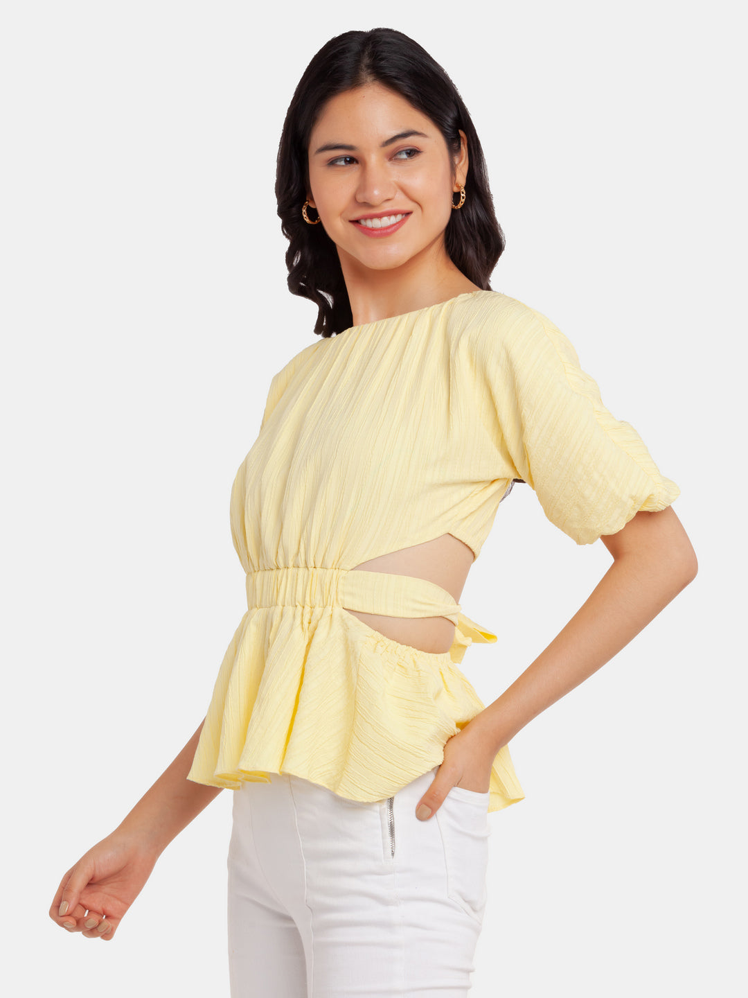 Yellow Solid Flared Sleeve Top