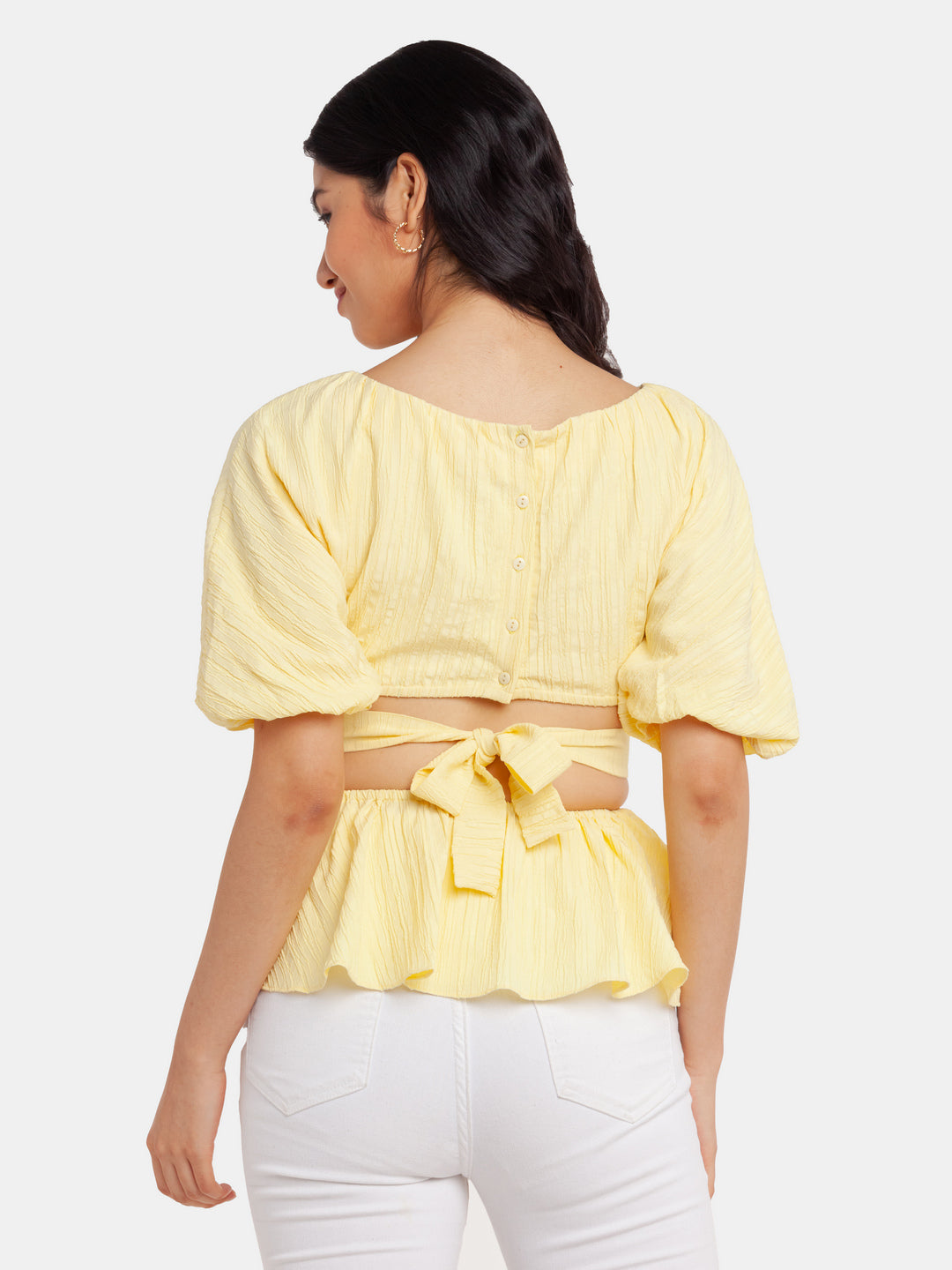 Yellow Solid Flared Sleeve Top For Women