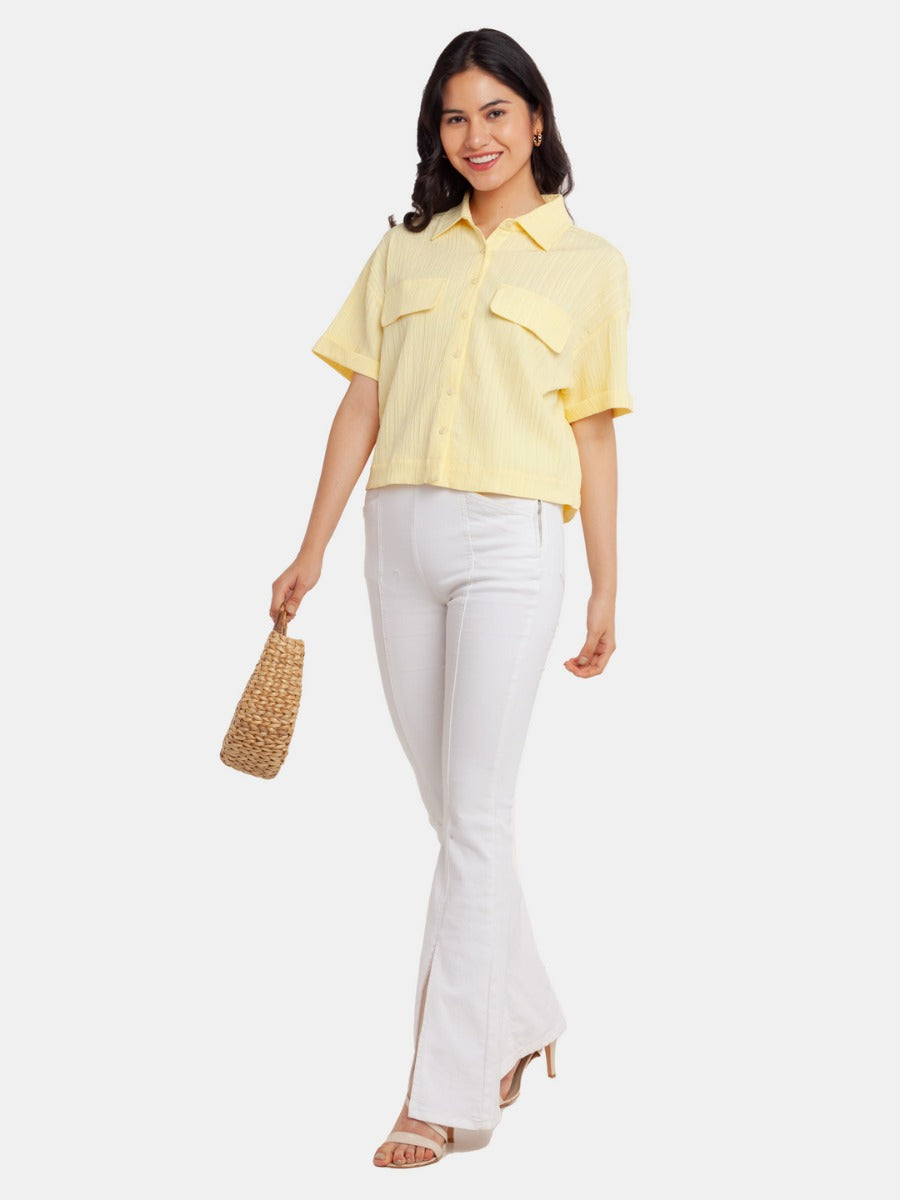 Yellow Solid Crop Shirt For Women