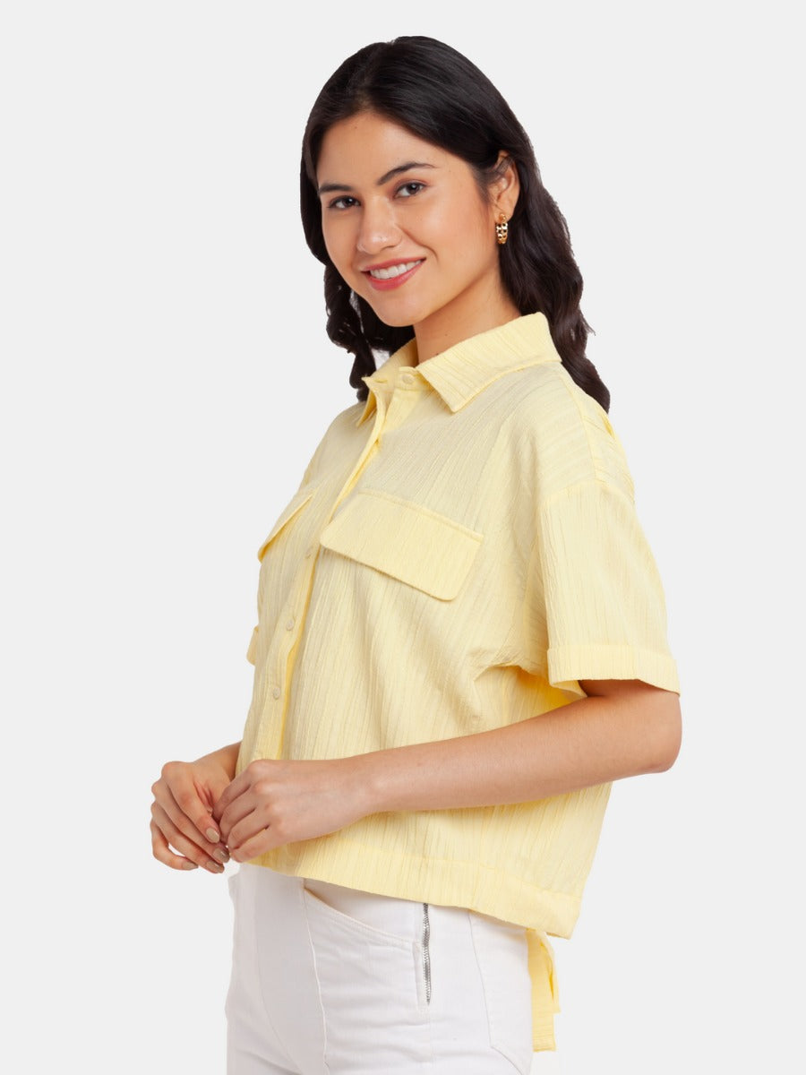 Yellow Solid Crop Shirt