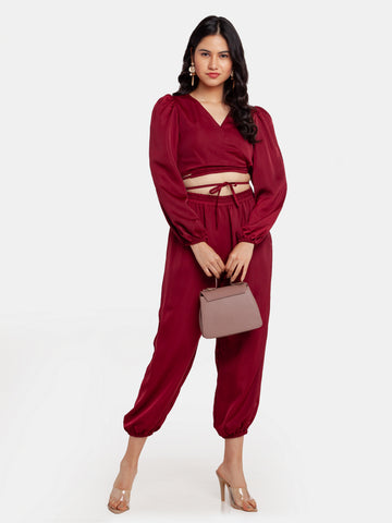 Maroon Solid Puff Sleeve Top For Women