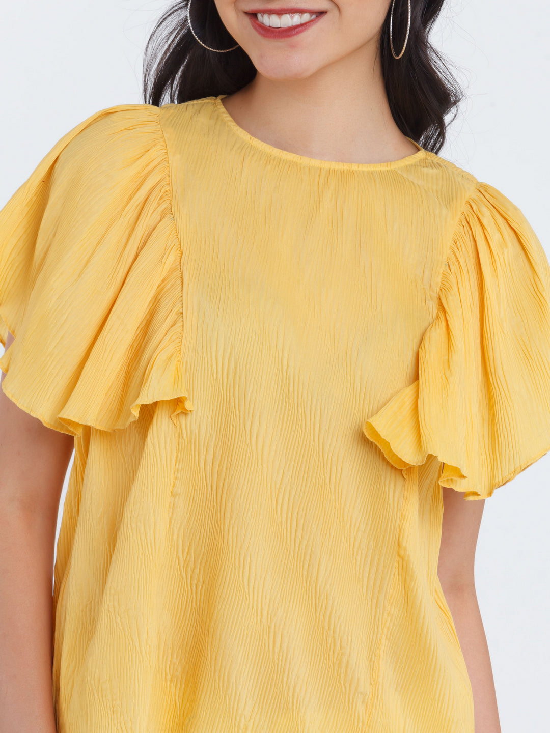 Yellow Solid Ruffled Top For Women