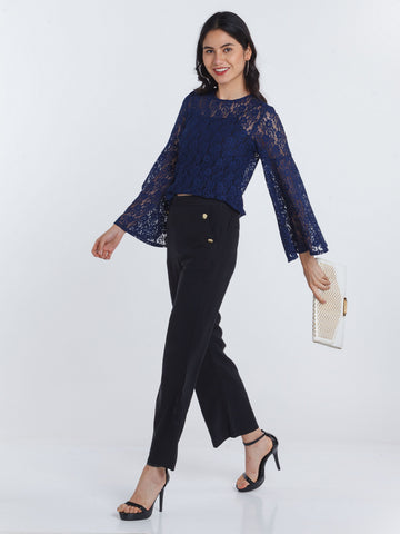 Navy Blue Lace Flared Sleeve Top For Women