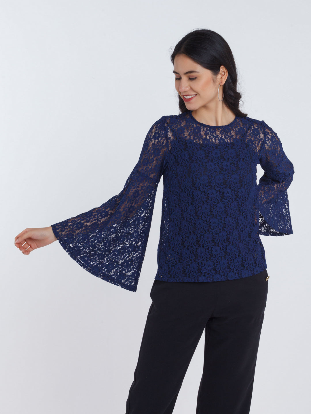 Navy Blue Lace Flared Sleeve Top