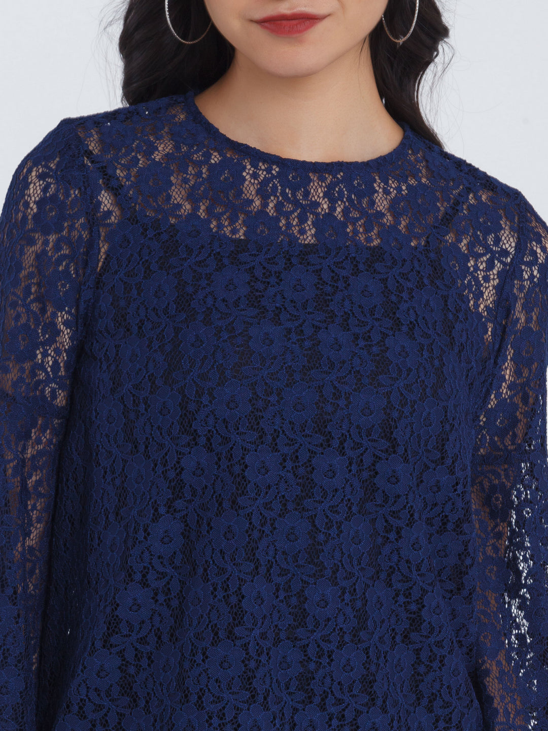 Navy Blue Lace Flared Sleeve Top For Women