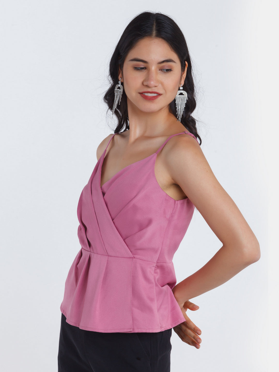 Pink Solid Ruffled Top For Women